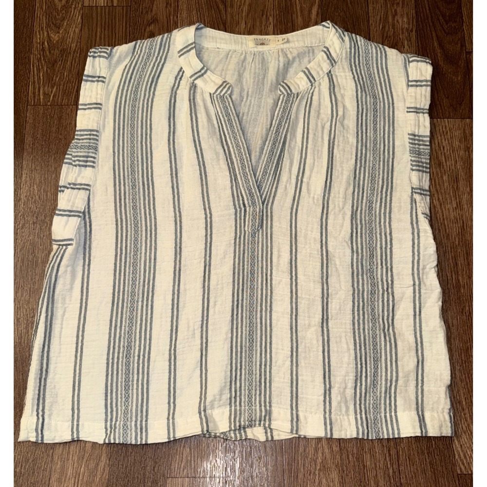 Faherty Brand Organic Cotton Gauze Striped Split Neck Sleeveless Top Blue Small